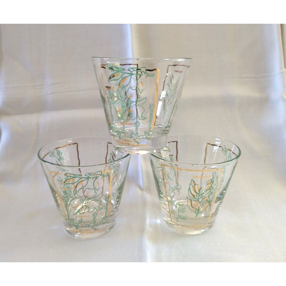 MCM Rocks Lowball Glasses Spices Green & Gold Vintage Barware Set‎ of 3